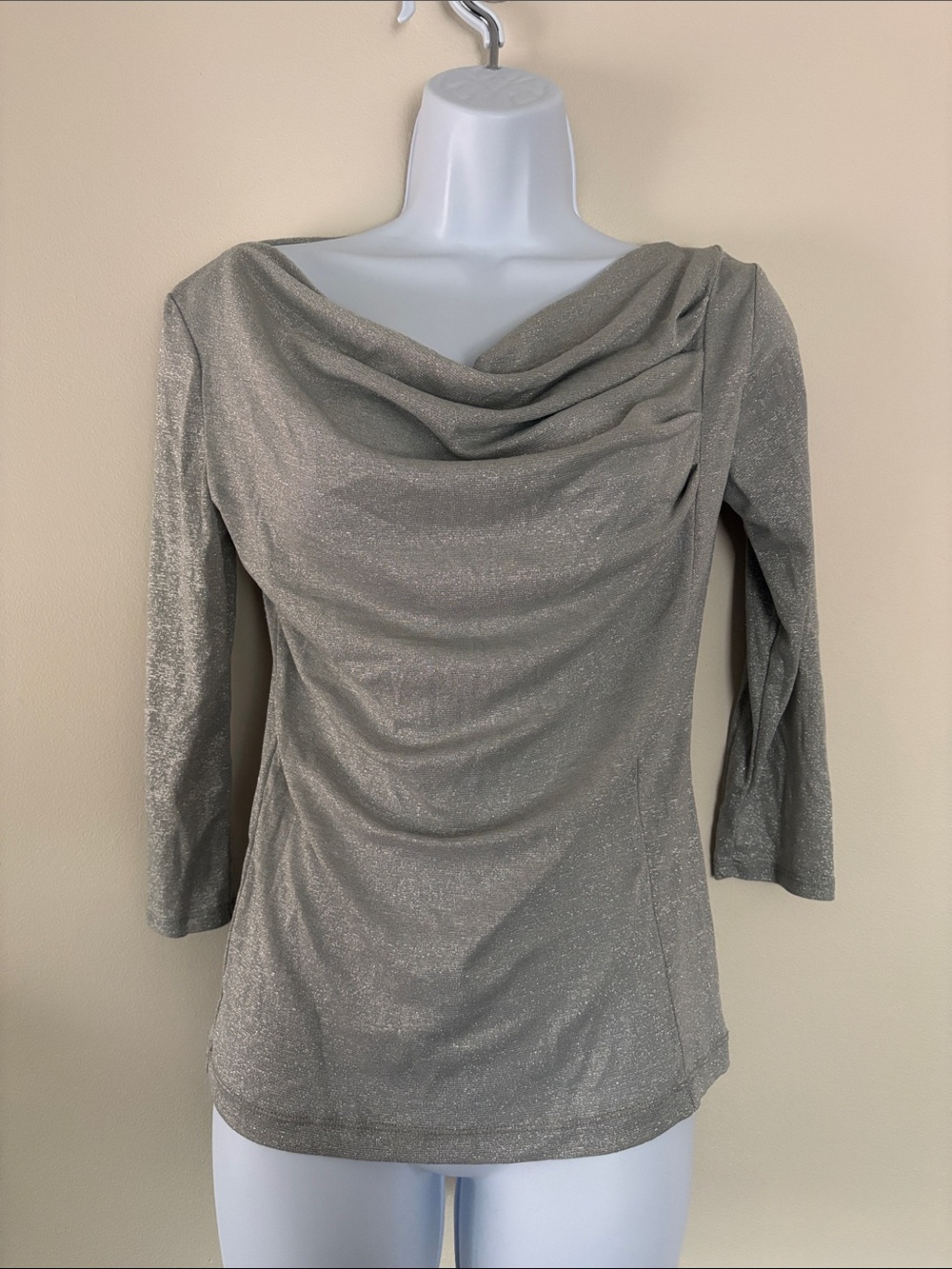 New York & Company Shimmery Silver Cowl-Neck Long Sleeve Top
